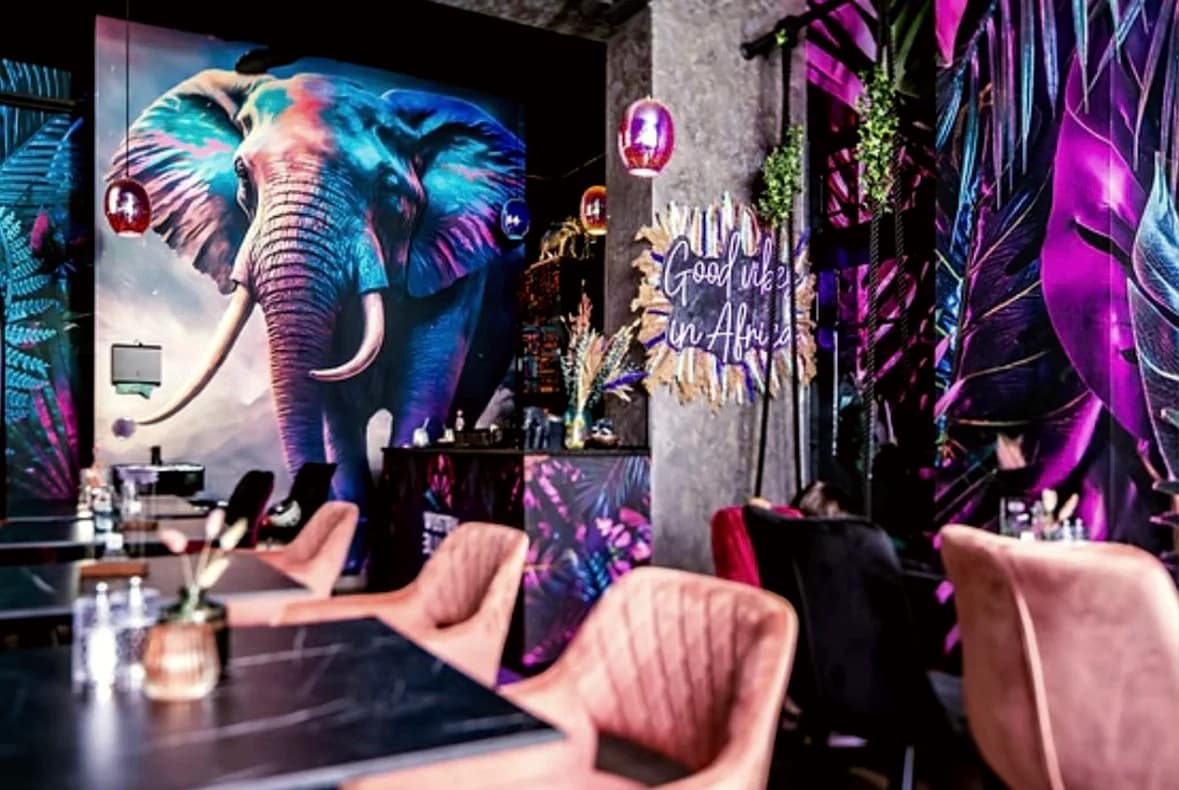 Neon-Lounge mit Elefanten-Motiv — Wandgestaltung · Gastronomie